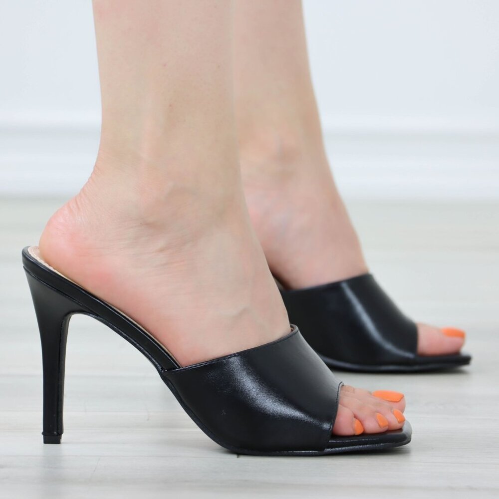 Black High Heel Sandals Square Open Toe Slip On Mules Stiletto's - Picture 9 of 11